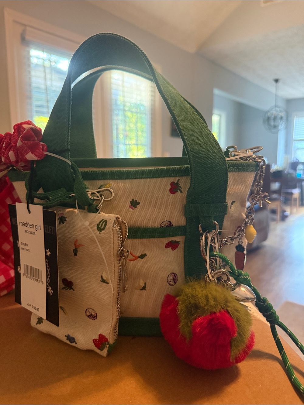 Madden Girl Cream Canvas Crossbody with Green Trim and Red/Green Pom